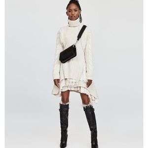 Zara ecru Mixed media cable turtleneck sweater dress. asymmetric hem size S